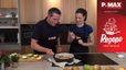 Sarah Jahn und Philipp Jelinek in einer modernen Küche, während sie einen Apfel Crumble zubereiten und kosten.