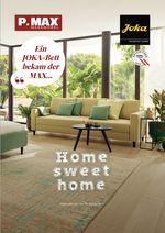Titelbild des Prospekts „Joka – Wohnen mit Charme“ von P.MAX. Es zeigt ein modernes Wohnzimmer mit einem gelben Sofa. Im Vordergrund steht der Schriftzug „Home sweet home. Inspirationen für Ihr Zuhause“.