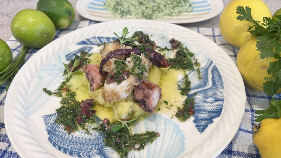 Ein fertig angerichteter Teller mit gebratenem Seeteufel und Oktopus-Stücken auf einem Bett aus gelblichem Kartoffelpüree (Skordalia), beträufelt mit Olivenöl und einer grünen Kräutersauce. Der Teller mit blauem Muschelmuster ist von frischen Zitronen, Limetten und Petersilie umgeben.