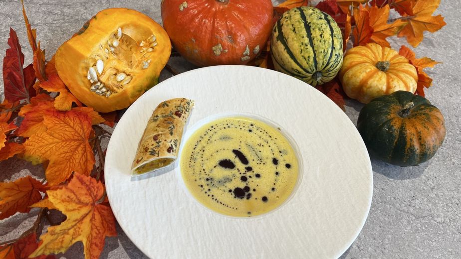 Eine weiße Schale mit der samtigen Kokos-Kürbissuppe, garniert mit dunklen Öltropfen. Am Tellerrand liegt ein Stück des fertigen Kürbisstrudels, umgeben von einer herbstlichen Dekoration aus bunten Blättern und verschiedenen Kürbissen.