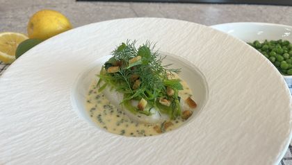 Ein tiefes, strukturiertes weißes Teller präsentiert den fertig angerichteten Kabeljau. Das Fischfilet ruht in einer cremigen Riesling Beurre Blanc, die mit feinem Schnittlauch und Forellenkaviar durchzogen ist. Getoppt wird das Gericht mit einem leuchtend grünen Zuckerschotensalat, frischen Kräutern wie Dill und Minze sowie knusprigen Croutons.