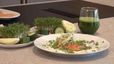 Das fertig angerichtete Gericht: Ein Saiblingsfilet auf Joghurtcreme, garniert mit Fenchelsalat und frischen Kräutern. Daneben steht ein Glas mit der grünen Salat-Gazpacho, im Hintergrund sind weitere frische Zutaten wie Kresse und Gurke zu sehen.