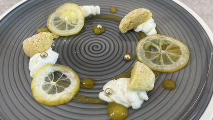 Das fertige Zitronendessert, modern auf einem grauen Teller mit Spiralmuster angerichtet. Karamellisierte Zitronenscheiben, kleine Zitronenkekse und Tupfen von Mascarponecreme sind kreisförmig mit einer hellgrünen Soße und goldenen Perlen dekoriert.