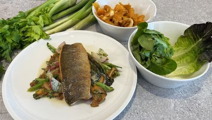 Fertig angerichteter Teller mit gebratenem Saibling auf Gemüse und Sherry-Sauce. Im Hintergrund sind einige der frischen Zutaten für das Rezept zu sehen: Pilze, Romanasalat und Stangensellerie.